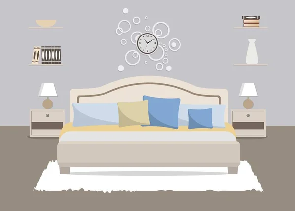 Dormitorio de color azul. Hay una cama con almohadas, mesitas de noche, lámparas y otros objetos en la imagen — Vector de stock