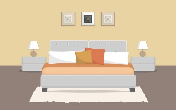 Dormitorio en color beige. Hay una cama, mesitas de noche, lámparas y otros objetos en la imagen — Vector de stock