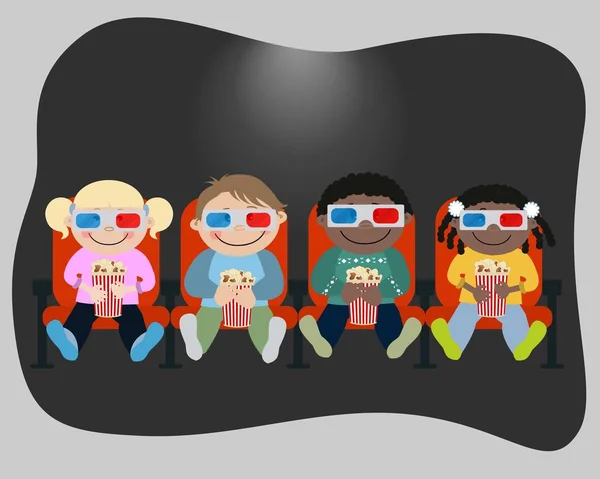 Los niños ven una película en un cine. Hay niños y niñas con maíz en la foto. — Vector de stock