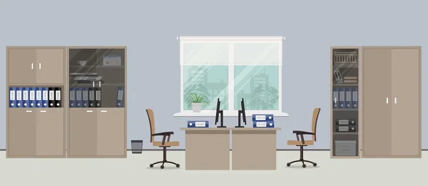 Sala de escritório em uma cor azul. Há mesas, cadeiras bege, quatro caixas para documentos e outros objetos na foto — Vetor de Stock