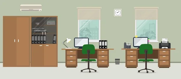 Sala de escritório em uma cor verde. Há mesas, duas cadeiras, estojos para documentos, um condicionador e outros objetos na foto — Vetor de Stock