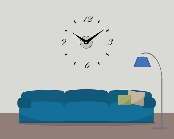 Sala de estar com sofá azul e relógio grande na parede — Vetor de Stock