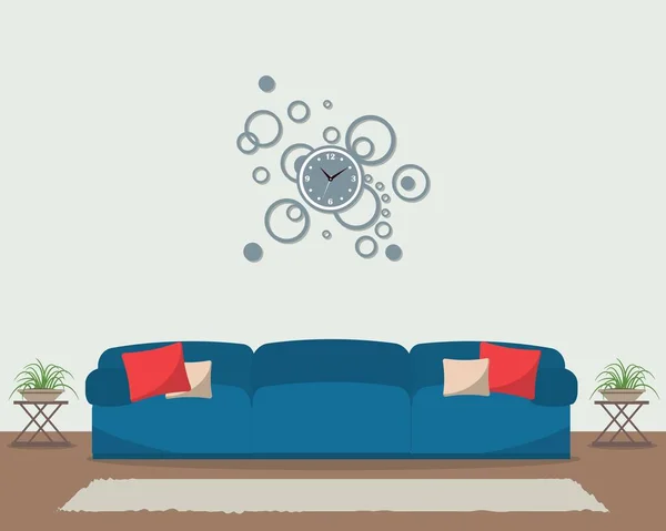 Living room with blue sofa and big round clock on the wall — Stock Vector