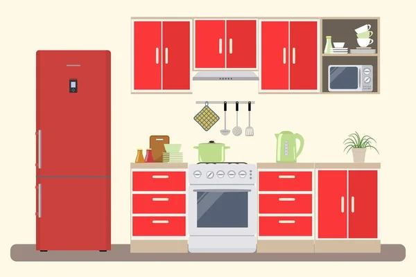 Kuchnia w kolorze czerwonym. Ma meble, kuchenkę, lodówkę, kuchenkę mikrofalową, czajnik i innych obiektów na obrazie — Wektor stockowy