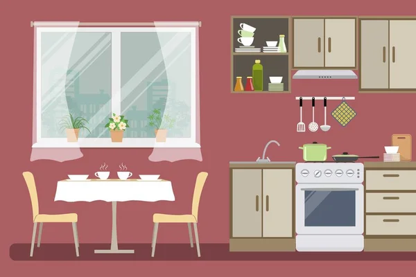 厨房中的红色。那里是米色的家具，一个炉子，椅子的表、 窗口和其他图片中的对象 — 图库矢量图片