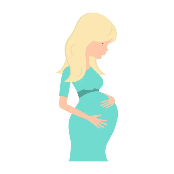 Mulher loira grávida em vestido turquesa isolado no branco —  Vetores de Stock