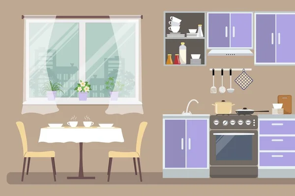 Interior de la cocina. Hay un mueble violeta, una estufa, una mesa con sillas, una ventana y otros objetos en la imagen — Vector de stock