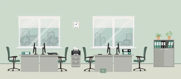 Sala de escritório em uma cor cinza. Há mesas, cadeiras verdes, estojo para documentos, impressoras e outros objetos na foto — Vetor de Stock