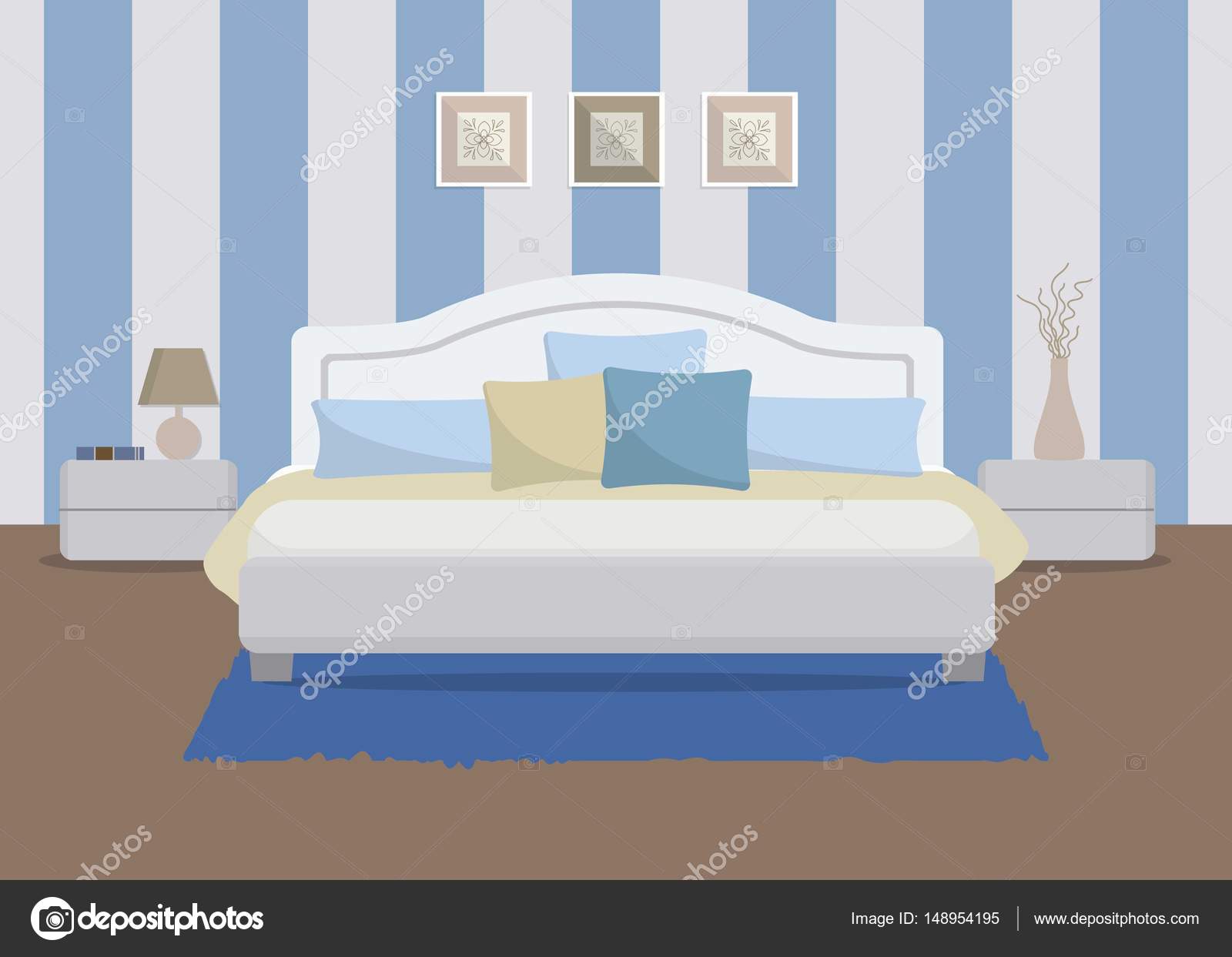 Camera Da Letto In Un Colore Blu Cè Un Letto Con Cuscini