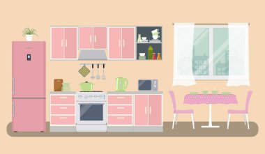 Mutfak bir pembe renkte. İşte bir mobilya, bir soba, buzdolabı, mikrodalga fırın, bir su ısıtıcısı ve diğer nesneleri resim