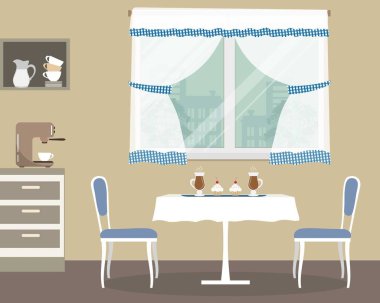 Mutfak vektör çizim. İşte bir tablo, iki mavi sandalye, raflar, bir kahve makinesi üzerinde bir pencere arka plan resmi