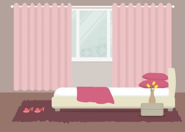 Yatak odasında bir pembe renk. Bir yatak yastık, komodinde, bir vazo ile resmi bir pencere arka planı üzerinde Sarı laleler