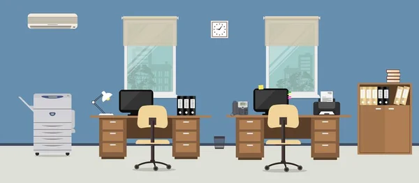 Office szoba a kék szín. Vannak táblák, két szék, egy példányát a gépen, egy kondicionáló, dokumentumok esetében és más objektumokat a képen — Stock Vector