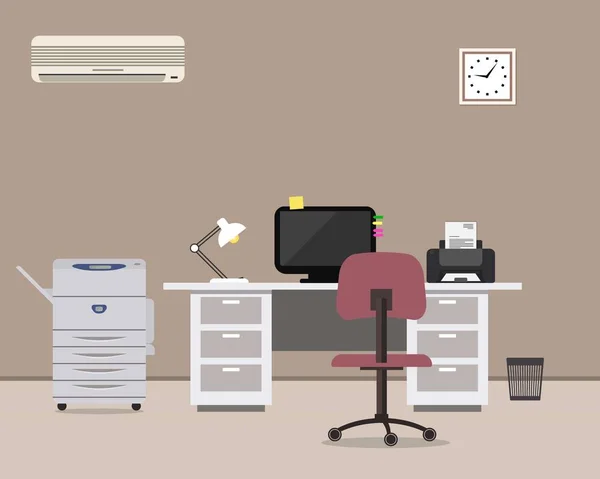 Werkplek van kantoor werknemer. Er is een witte tabel, een paarse stoel, een kopieermachine, een conditioner, een computer, een printer en andere objecten in de afbeelding — Stockvector