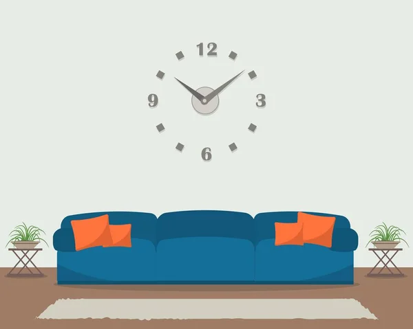 Синий диван с оранжевыми подушками и большими круглыми часами на стене — стоковый вектор
