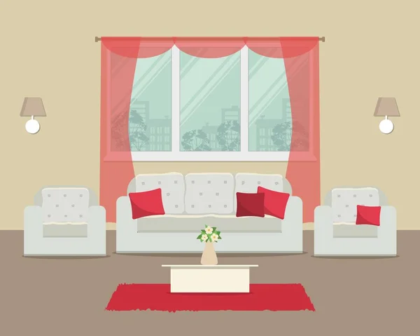 Salón. Hay un sofá blanco con almohadas rojas, dos sillones, una mesa, una ventana, lámparas y otros objetos en la imagen — Vector de stock