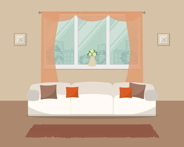 Sala de estar en color naranja. Hay un sofá blanco con almohadas sobre un fondo de ventana en la imagen — Vector de stock