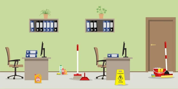 Nettoyage dans la salle de bureau. Il y a une mise en garde ! Signe "sol mouillé", une serpillière, un balai, une cuillère et d'autres objets sur la photo — Image vectorielle