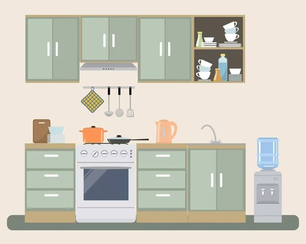 Cozinha em cor provence. Há uma mobília, um fogão, um refrigerador de água e outros objetos na imagem —  Vetores de Stock