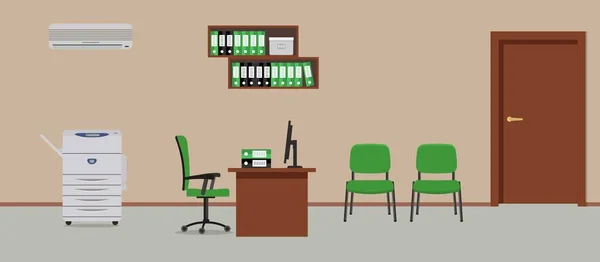 Workplace of office worker. There is a table, green chairs, a copy machine, a conditioner, shelves for documents and other objects in the picture — Stock Vector