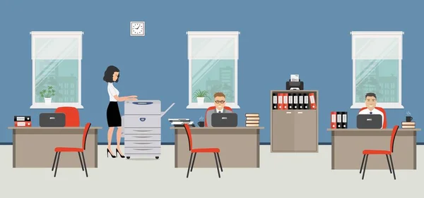 Kontorsrum i en blå färg. Den unga kvinnan och män är anställda på arbetsplatsen — Stock vektor
