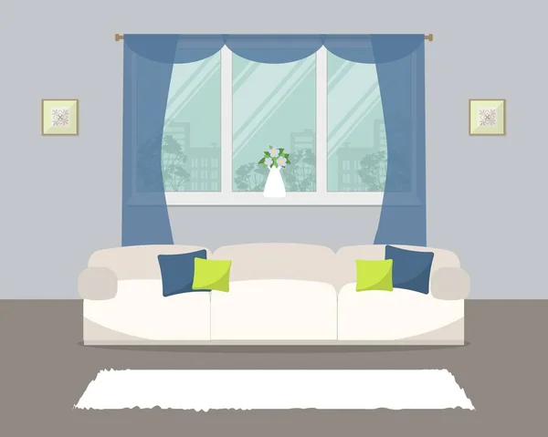 Salón de color azul. Hay un sofá blanco con almohadas sobre un fondo de ventana en la imagen — Vector de stock