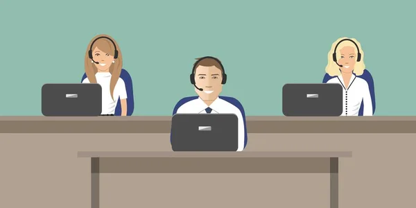 Web afiş çağrı merkezi işçilerin. Genç adam ve yeşil bir arka plan üzerinde masalarda oturan kulaklıklar kadınlarda