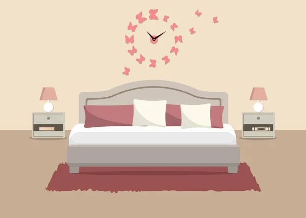 Dormitorio en color beige. Hay una cama con almohadas, mesitas de noche, lámparas y otros objetos en la imagen — Vector de stock