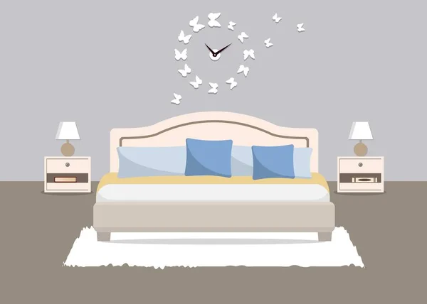 Dormitorio de color azul. Hay una cama con almohadas, mesitas de noche, lámparas y otros objetos en la imagen — Vector de stock