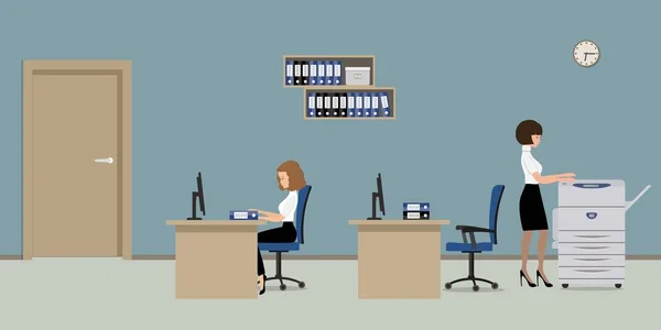 Kontorsrum i en blå färg. De unga kvinnorna är anställda på arbetsplatsen — Stock vektor