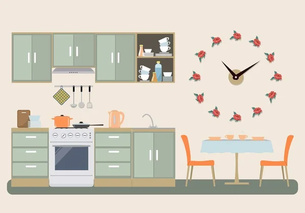 Cocina en color provence. Hay un mobiliario, una estufa, una mesa con sillas, un gran reloj en forma de rosas en la pared y otros objetos en la imagen — Vector de stock