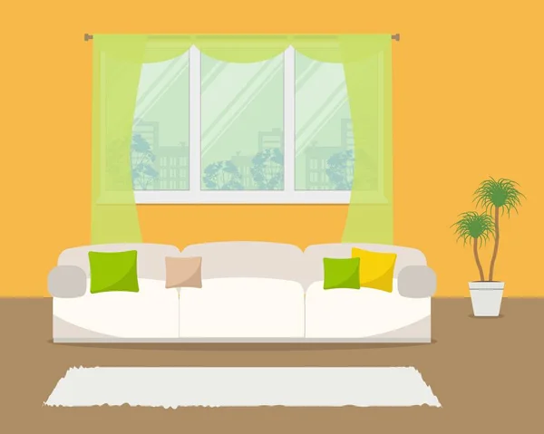 Вітальня помаранчевого кольору. На зображенні білий диван з зеленими та жовтими подушками на фоні вікна — стоковий вектор
