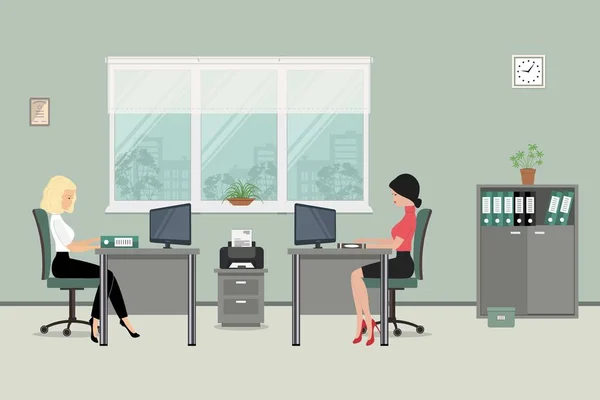 Bandeira web de dois trabalhadores de escritório. As mulheres jovens são empregadas no trabalho — Vetor de Stock