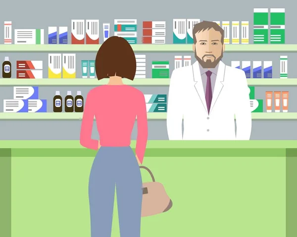 Banner web de un farmacéutico. Joven en el lugar de trabajo en una farmacia: de pie frente a los estantes con medicamentos — Vector de stock