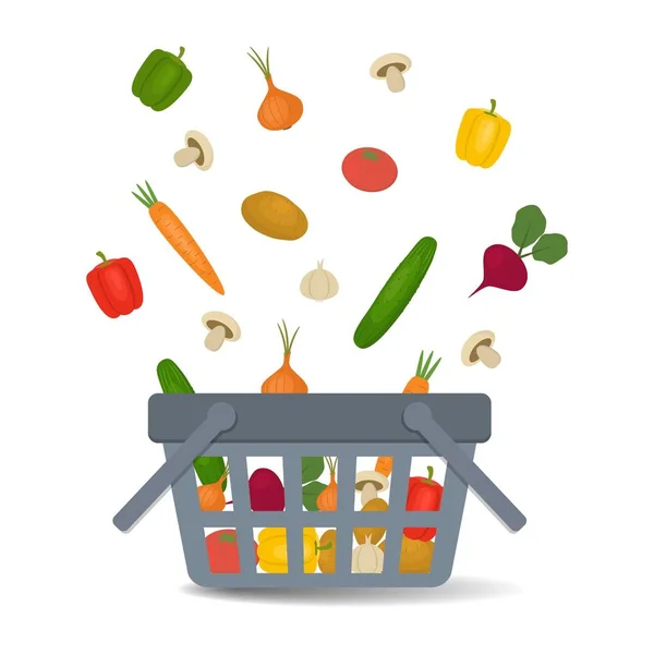 Овочі потрапляють у кошик. На картині є картопля, помідор, огірок, цибуля, часник, гриби, морква, буряк, солодкий перець. — стоковий вектор
