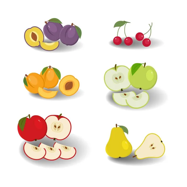 Набор фруктовых икон, выделенных на белом фоне. Есть слива, вишня, абрикос, яблоки зеленого и красного цветов, груша на картинке — стоковый вектор