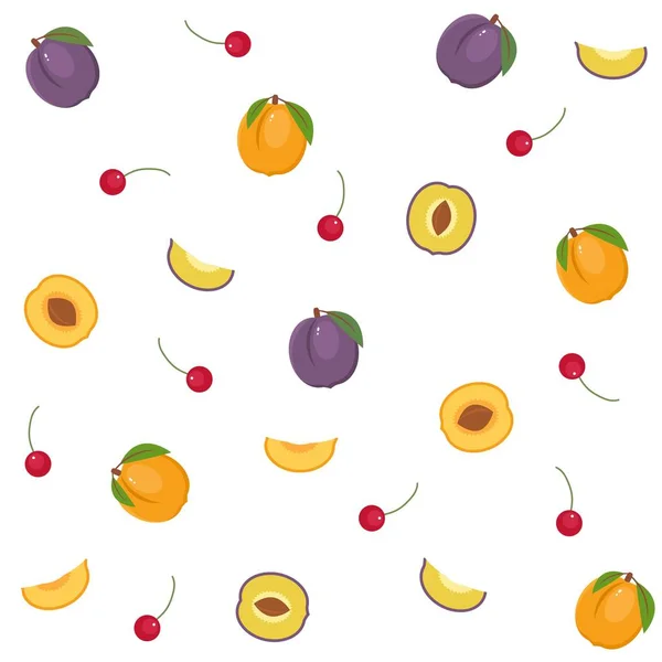 Motif sans couture avec prunes, abricots et cerises sur fond blanc — Image vectorielle