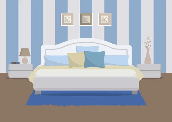 Bedroom in a blue color. There is a bed with pillows, bedside tables, a lamp, a vase and other objects in the picture — Stock Vector