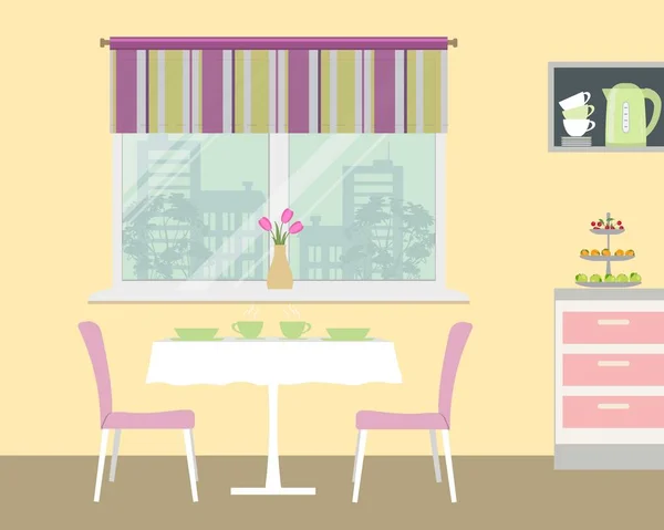 Ilustrasi vektor dapur. Ada sebuah meja, dua kursi merah muda, rak, jendela dengan bunga dan benda-benda lain dalam gambar - Stok Vektor