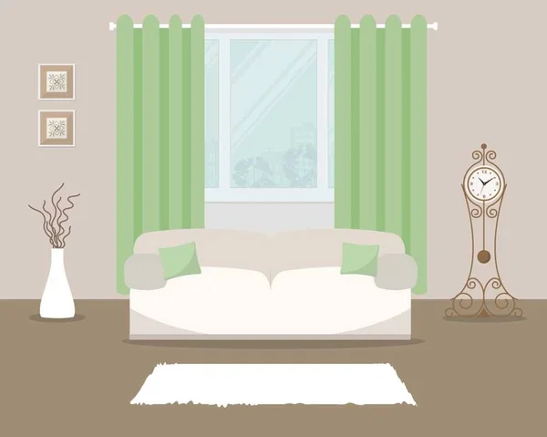 Salón con sofá blanco y cortina verde — Vector de stock