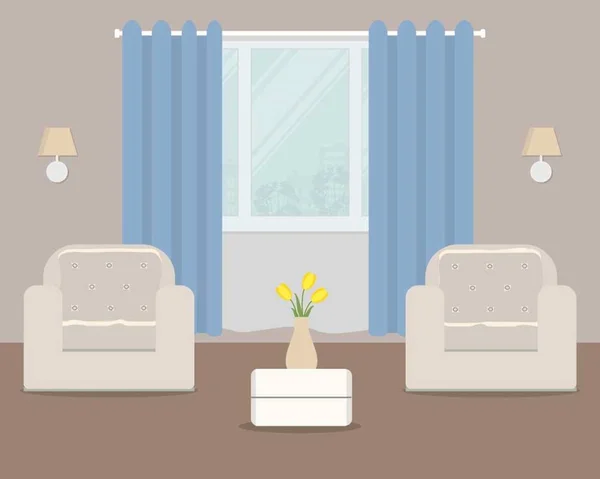 Vardagsrum med vita fåtöljer och blå gardin — Stock vektor