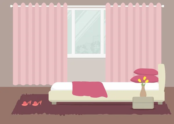 Bedroom in a pink color. There is a bed with pillows, bedside table, a vase with yellow tulips on a window background in the picture — Stock Vector