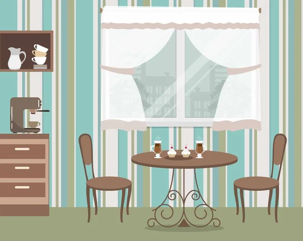 Ilustración vectorial cocina. Hay una mesa, dos sillas, estantes, una cafetera sobre un fondo de ventana — Vector de stock