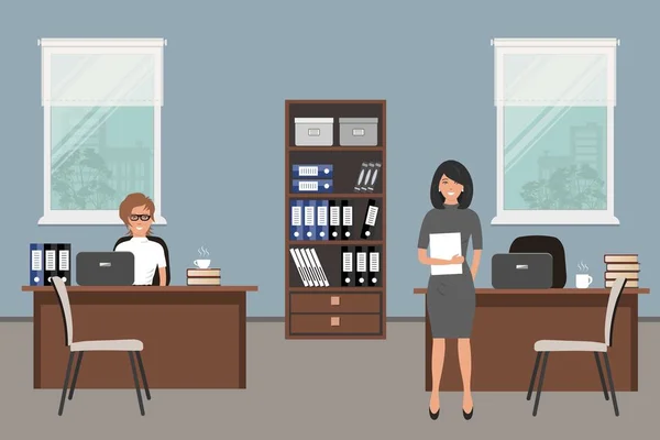 Kontorsrum i en blå färg. Två unga kvinnor är anställda på arbetsplatsen — Stock vektor
