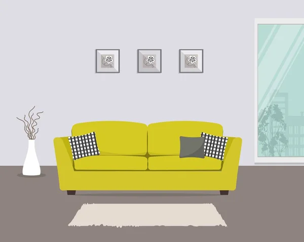 Living room with yellow sofa and gray pillows — Stock Vector