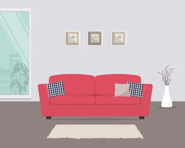 Obývací pokoj s červenou pohovku a polštáře — Stockový vektor