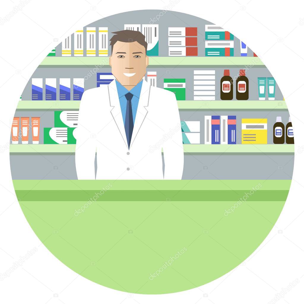 Web banner round shape of a pharmacist. Young man in the workplace in a pharmacy: standing in front of shelves with medicines