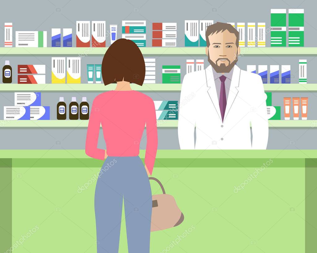 Web banner of a pharmacist. Young man in the workplace in a pharmacy: standing in front of shelves with medicines