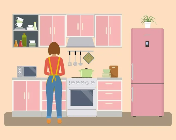 Кухня рожевого кольору. Поруч з плитою жінка готує їжу — стоковий вектор