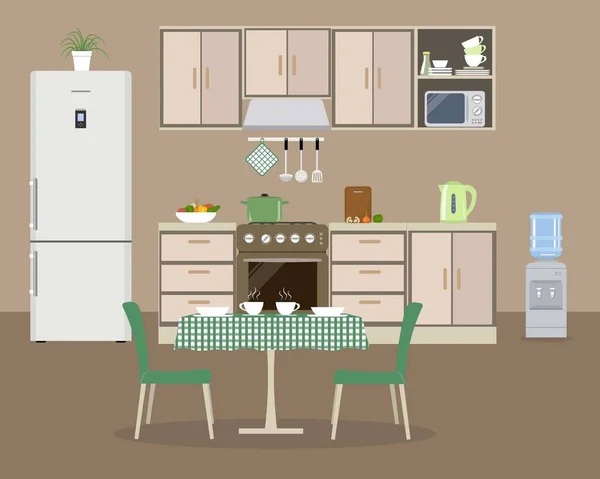 Dapur dengan warna krem. Ada furnitur dapur, kulkas, kompor, pendingin air, meja, dua kursi hijau dan benda-benda lainnya dalam gambar - Stok Vektor